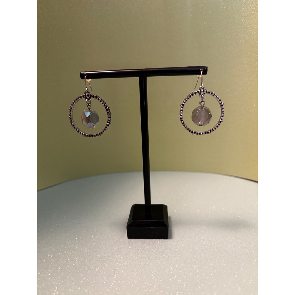 Silver Tone Textured Circle Drop Earrings with Iridescent Faceted Crystal Bead‎